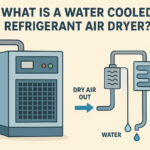 Infographic guide to water-cooled refrigerated air dryers, explaining how they work (compression, cooling/condensation, water removal, dry air out) plus advantages and limitations.