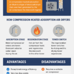 Compression heated adsorption air dryer infographic explaining adsorption, hot-air regeneration using compressor heat, tower switching, and pros/cons like low dew point and high efficiency.