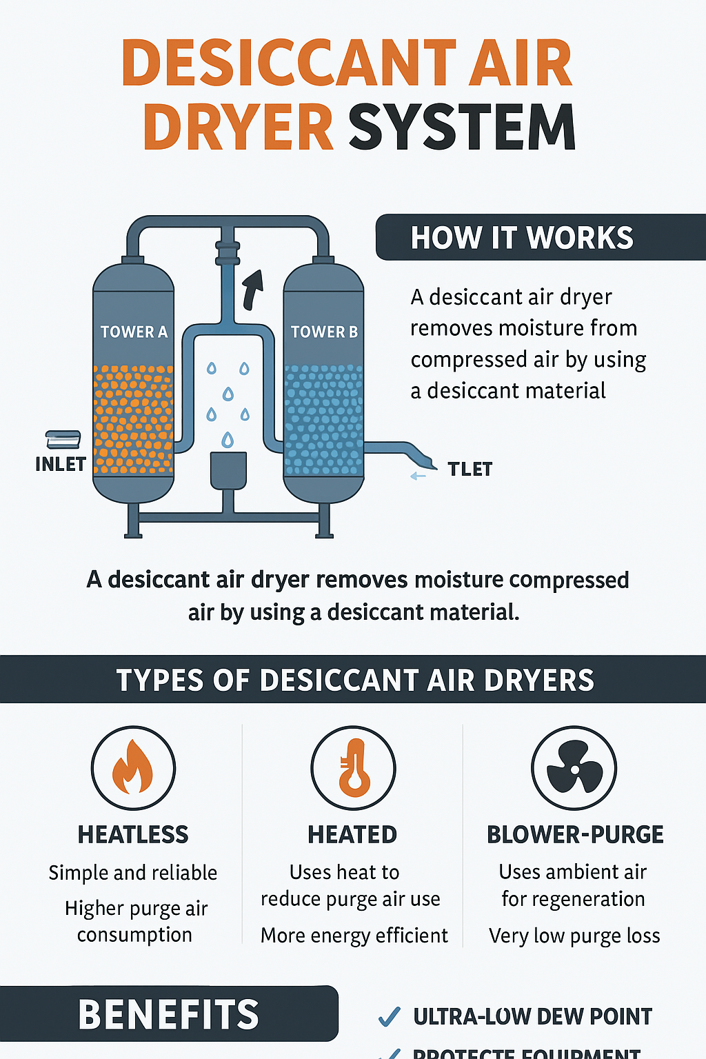 Desiccant air dryer system infographic—how twin-tower adsorption works, plus heatless, heated, and blower-purge dryer types and benefits.
