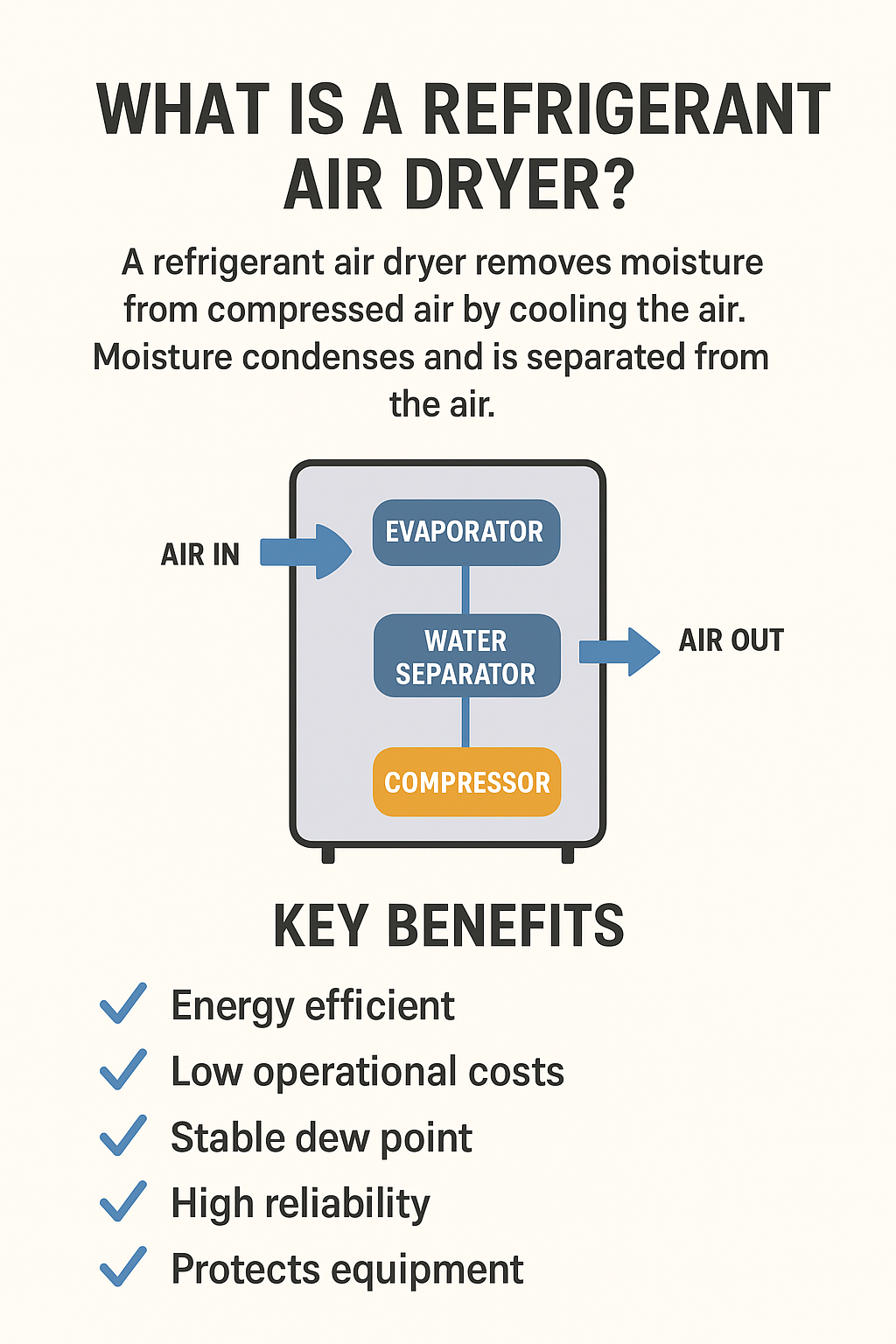 Refrigerated air dryer infographic—cools compressed air to condense moisture, with evaporator/water separator diagram and key benefits.