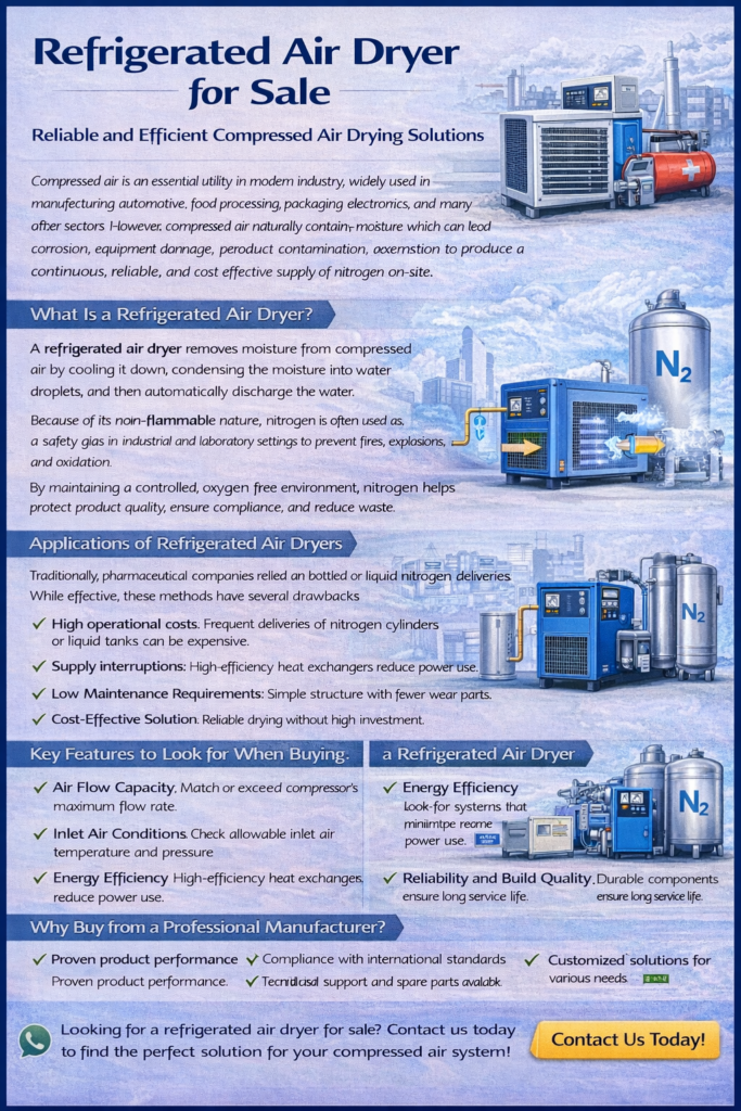 Marketing infographic “Refrigerated Air Dryer for Sale” explaining how a refrigerated air dryer removes moisture by cooling and condensation, listing applications, buying factors (flow, inlet conditions, energy efficiency, reliability), and a “Contact Us Today” call to action.