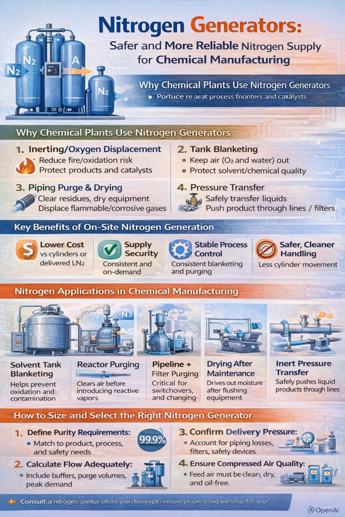 Infographic explaining nitrogen generators for chemical manufacturing—key uses (inerting, tank blanketing, purging, transfer), PSA vs membrane comparison, main benefits (safety, stable supply, lower cost), and a checklist for selecting purity, flow, pressure, air quality, and buffer storage.