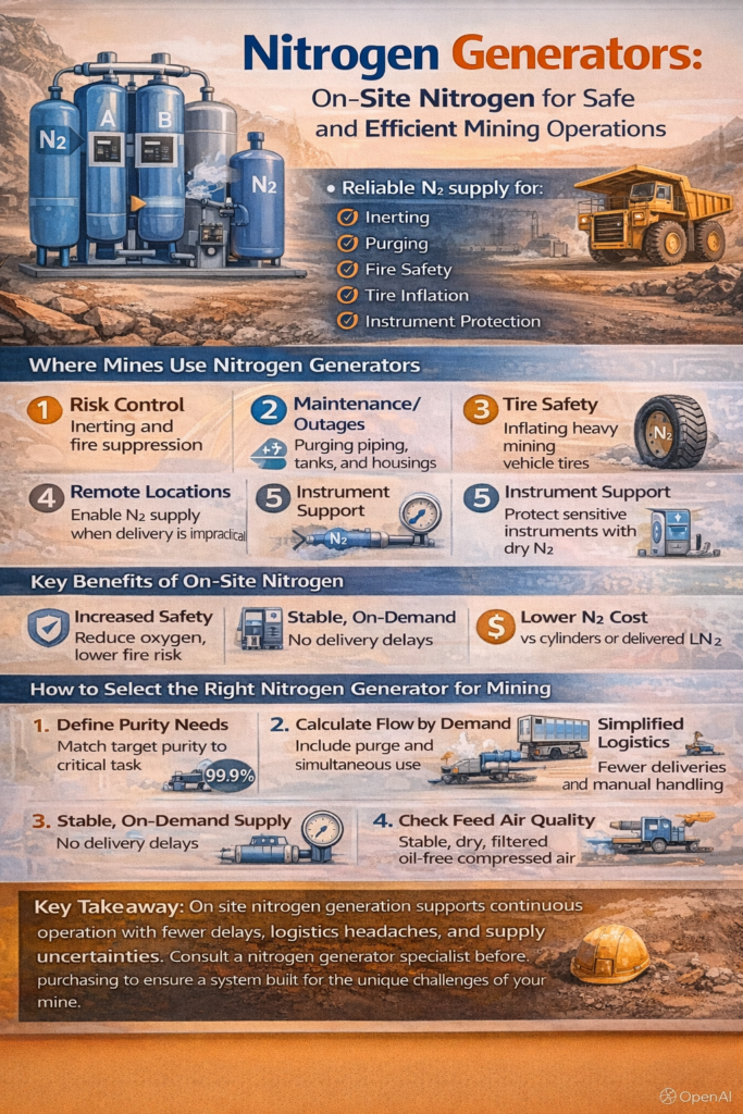 Infographic on nitrogen generators for mining, showing key uses (inerting, purging, fire safety, tire inflation, instrument support), benefits of on-site N₂ (safer, stable supply, lower cost), and a selection checklist for purity, flow, logistics, and feed air quality.