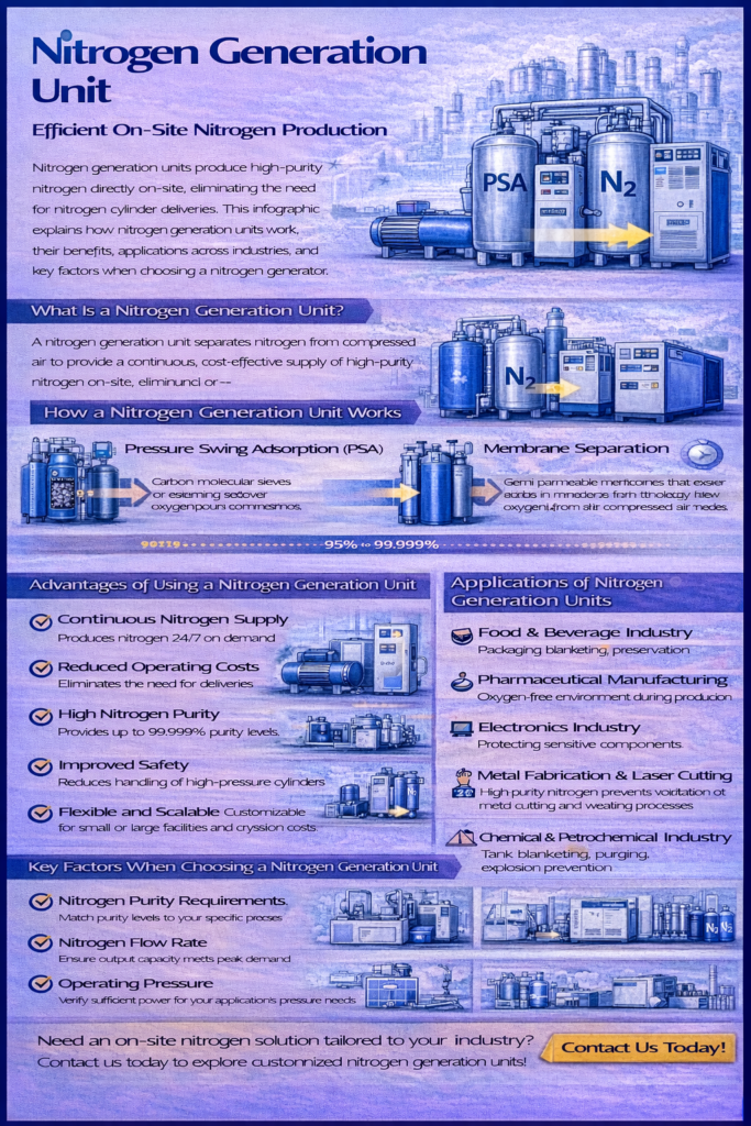 Infographic explaining nitrogen generation unit system, PSA nitrogen generator working process and industrial applications.